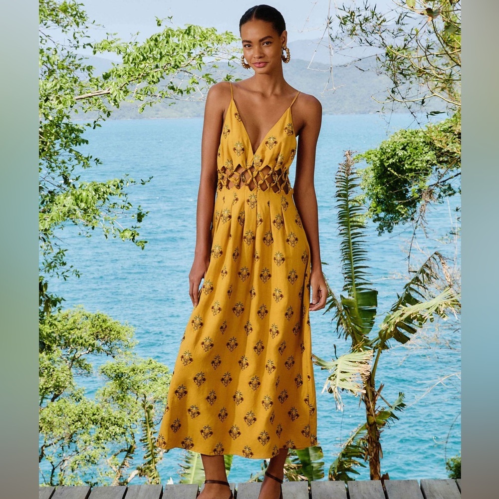 Farm Rio: Coconut Tree Tapestry Macrame Yoke Maxi Dress